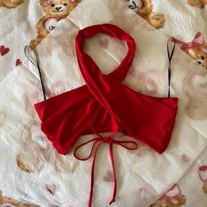 🪞 NWT hot gal luxe tie front wrap cross halter dressy crop top in ruby red